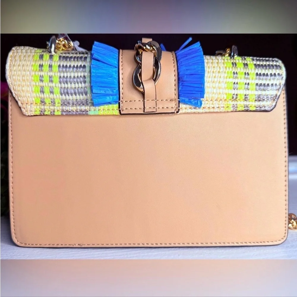 ALDO Raffia Chain Crossbody Bag Blue Fringe Gold Tiger Charm NWT